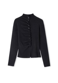 Czarny kardigan z długim rękawem i wysokim kołnierzem, z marszczonym przodem oraz sześcioma guzikami biegnącymi wzdłuż jednej strony. Wykonany z miękkiego, rozciągliwego materiału.