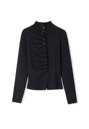 Zwarte lange mouwen cardigan met hoge hals, met een gerimpelde voorkant en zes knopen die aan één zijde doorlopen. Gemaakt van een zachte, rekbare stof.