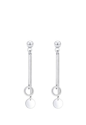 Srebrne kolczyki wiszące z okrągłymi sztyftami, prętem i łańcuszkiem, ogniwem w kształcie koła oraz płaskim okrągłym wisiorkiem na dole.