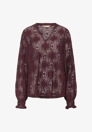 Hosszú ujjú bordó csipke blúz V kivágással és virágos geometrikus mintával, enyhén ráncolt mandzsettákkal, fodros szegéllyel.