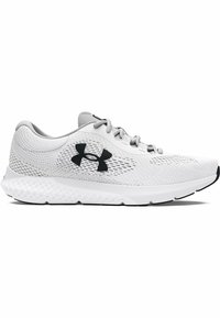 Weiße Sportschuh aus atmungsaktivem Mesh mit grauen Akzenten und einem schwarzen Logo. Verfügt über eine gepolsterte Sohle und flache Schnürsenkel.