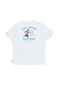 White cotton t-shirt featuring a graphic print on the back. Design includes black and blue text, and a cartoon surfer character.