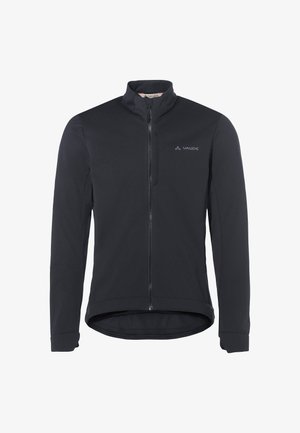 Giacca nera a maniche lunghe con cerniera integrale, collo alto, logo Vaude sul petto a sinistra e orlo posteriore allungato.