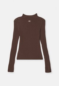 Ruda juostos turtleneck megztinis su ilgomis rankovėmis, pasižymintis prigludusia forma ir aukštu apykakle. Pagamintas iš minkštos, tekstūruotos medžiagos.