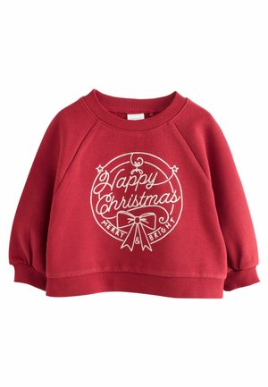 Roter Kinderhoodie mit weißem Text "Frohe Weihnachten, Fröhlich und Strahlend" und einer Schleifen-Grafik auf der Vorderseite, mit gerippten Bündchen und Saum.