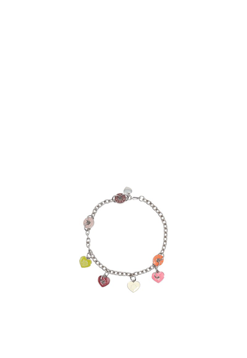 Pulsera de cadena plata con múltiples charms en forma de corazón en rosa, rojo, verde, amarillo y naranja con diversos patrones y texturas.