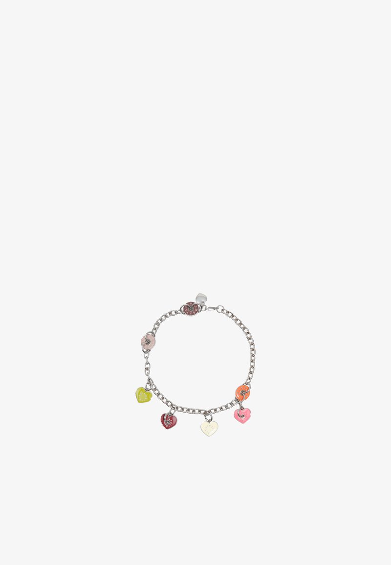 Pulsera de cadena plata con múltiples charms en forma de corazón en rosa, rojo, verde, amarillo y naranja con diversos patrones y texturas.