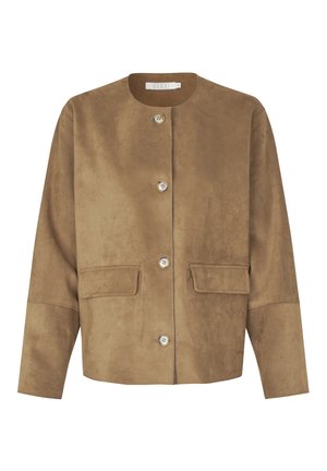 Chaqueta de ante marrón con cuello redondo, botones delanteros y dos bolsillos parche. Presenta una textura suave y un ajuste relajado.