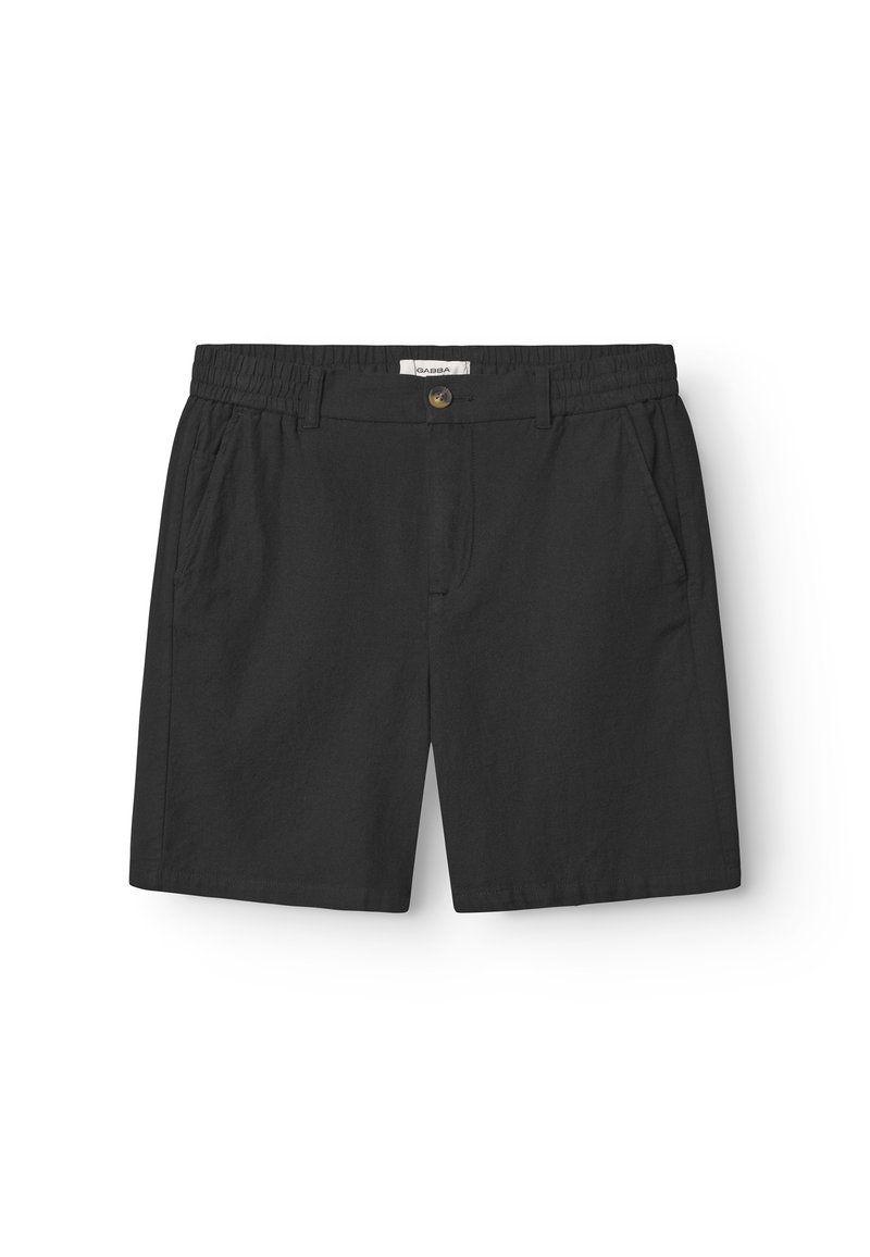 Black shorts made of soft fabric, featuring an elastic waistband, front pockets, and a single button closure with a classic cut.