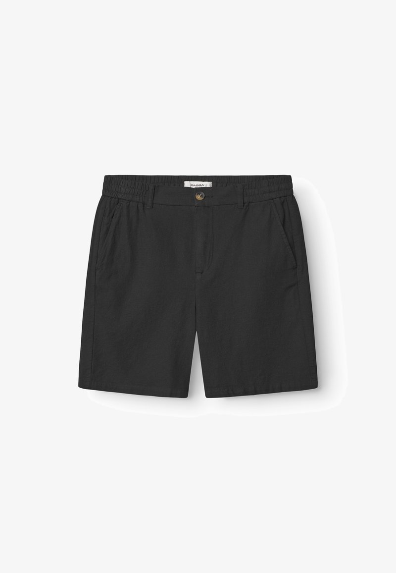 Black shorts made of soft fabric, featuring an elastic waistband, front pockets, and a single button closure with a classic cut.