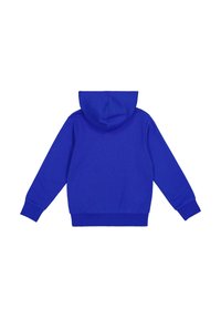 Felpa blu con cappuccio, maniche lunghe, polsini e vita a coste. Texture liscia, senza motivi visibili o dettagli in metallo.
