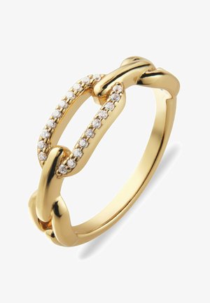 Bague en or avec un design en chaîne entrelacée, ornée de petites pierres précieuses transparentes sur un côté. Fini lisse et poli avec une teinte chaleureuse.