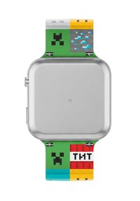 Vierkant smartwatch met een metallic zilveren wijzerplaat en een kleurrijke pixelachtige band met groene, rode, gele en blauwe blokken met gamingmotieven.