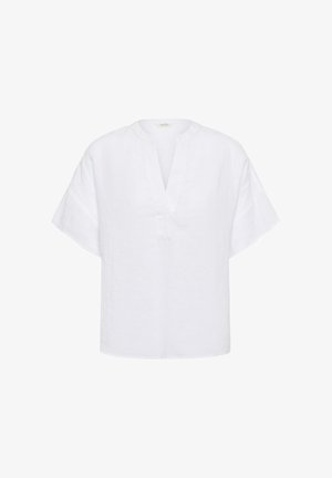 Blouse en lin blanc à manches courtes avec une fente en V au col et une coupe ample, présentée sur un fond blanc uni.