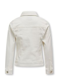 Λευκό τζιν μπουφάν με μακριά μανίκια, μανσέτες με κουμπιά και κλασικό γιακά, εμφανιζόμενο από πίσω σε λευκό φόντο.