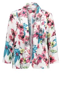 Marynarka z nadrukiem kwiatowym, na białym tle z różowymi i niebieskimi kwiatami. Wykonana z lekkiego materiału, z otwartym przodem i rękawami do łokcia.