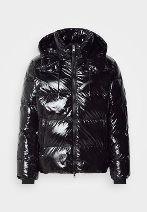 Black puffer jacket with a glossy finish, hood, zip front, and elastic cuffs. Features two front pockets and horizontal quilted pattern.
