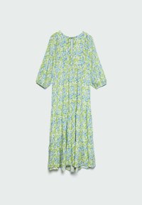 Midikleid mit langen puffigen Ärmeln, hellgrüner Stoff mit blau-weißer Blumenmusterung und einem Schlüssel-Ausschnitt mit Bindeband.