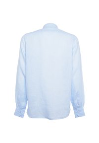 Camicia azzurra a maniche lunghe in lino, con colletto classico e polsini abbottonati, realizzata in tessuto liscio e texturizzato.