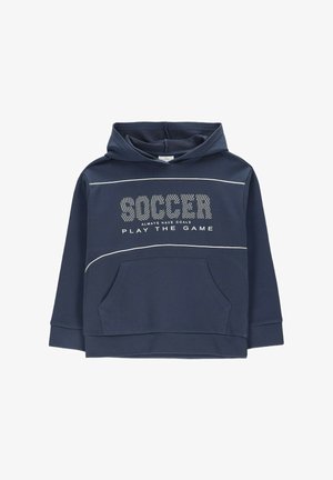 Granatowa bluza z kapturem z przednią kieszenią, białym napisem „SOCCER” w kropki oraz sloganem „Always Have Goals Play The Game” na piersi.