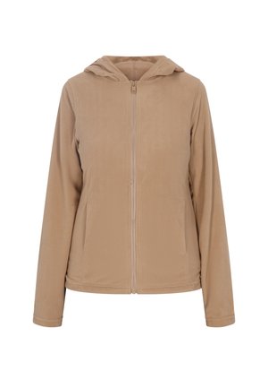 Beige fleece zip-up jacket with a hood, featuring long sleeves and a smooth texture. No visible patterns or hardware details.