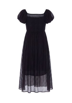 Schwarzes Midikleid mit kurzem Puffärmel, quadratischem Ausschnitt, tailliertem, gerafftem Oberteil und transparentem, mehrlagigem Rock.