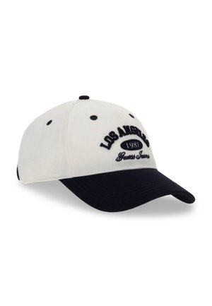 Casquette de baseball blanche et noire avec ""LOS ANGELES 1981 Guess Jeans"" brodée sur le devant.