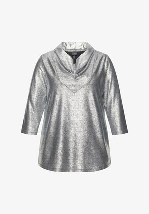 Hopeapintainen pitkähihainen paita, jossa on rypytetty kaula-aukko, teksturoitu metallinen pinta ja rento mitoitus, jossa on hienovarainen käärmeennahkakuosi.