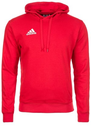 Roter Adidas Hoodie mit vorderen Kordeln und weißem Adidas-Logo auf der oberen linken Brust, mit gerippten Bündchen und Bund.