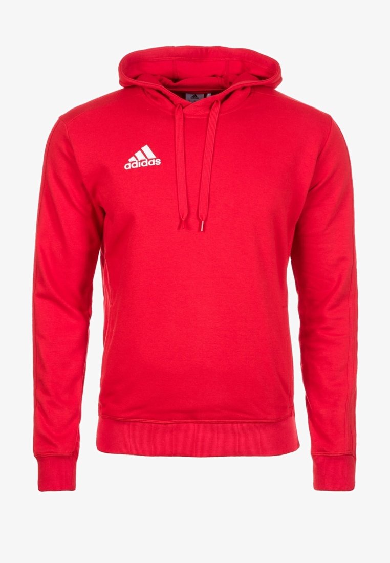 Sweat à capuche rouge Adidas avec cordons à l'avant et logo Adidas blanc sur la partie supérieure gauche de la poitrine, avec poignets et ceinture côtelés.