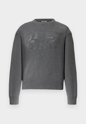 Gray long-sleeve knit sweater with ribbed cuffs and hem, featuring raised knit text reading "OBEY INT." across the chest.