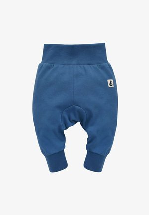Niebieskie bawełniane spodnie dziecięce z żebrowanym paskiem w talii i mankietami, z okrągłym designem kolan i małą naszywką z logo żaglówki.