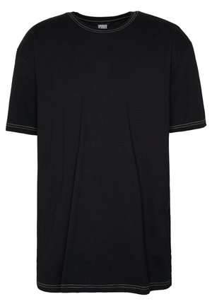 T-shirt nera in cotone a maniche corte, con scollo rotondo e cuciture verdi a contrasto lungo il colletto e l'orlo. Design semplice e privo di fronzoli.