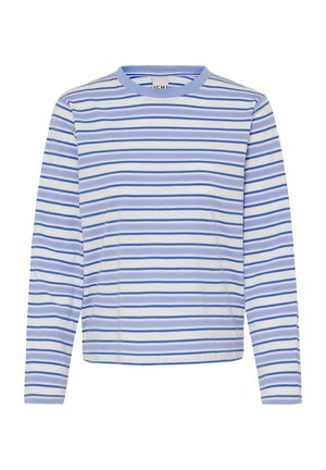 Pikkade varrukatega särk pehmest puuvillast, millel on horisontaalsed triibud hele sinise, lavendli ja mereväe toonides valgel taustal. Ümmargune kaelus.