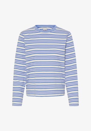 Pikkade varrukatega särk pehmest puuvillast, millel on horisontaalsed triibud hele sinise, lavendli ja mereväe toonides valgel taustal. Ümmargune kaelus.