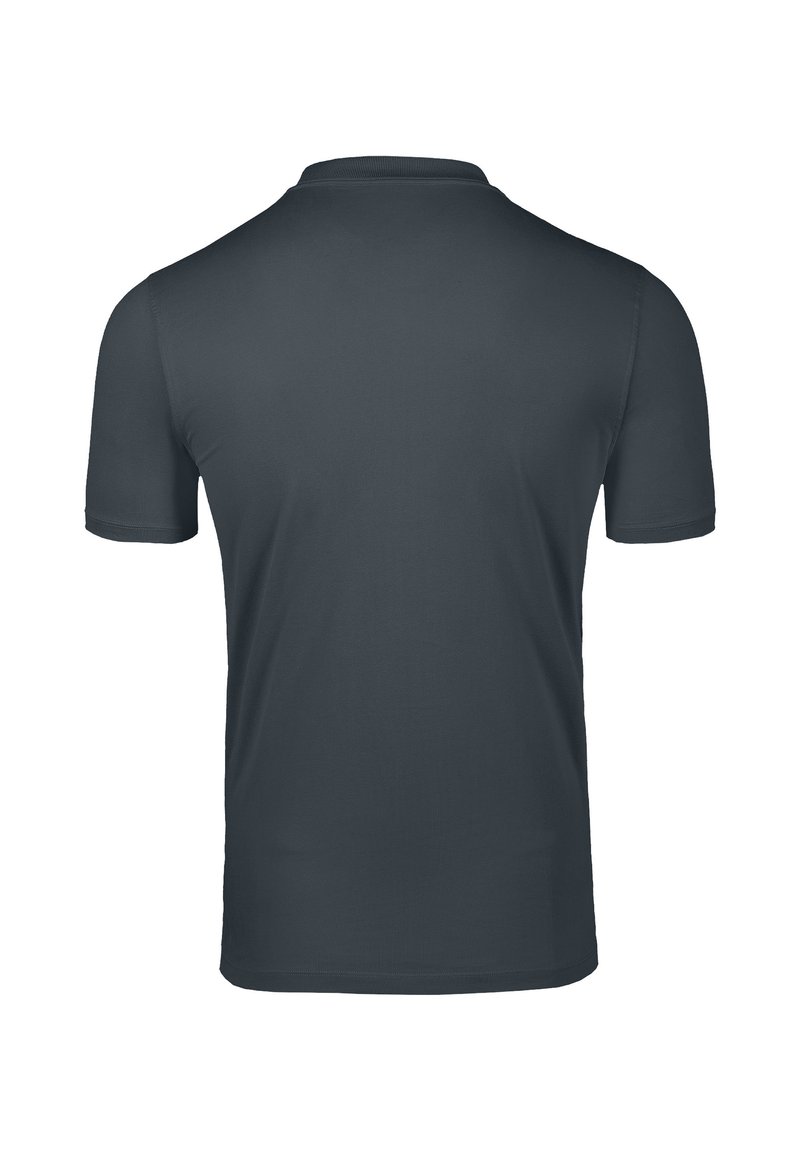 Dark gray short-sleeve t-shirt shown from the back with a crew neckline and smooth, plain fabric.
