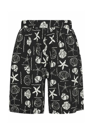 Schwarze Shorts mit weißen, meeresmotivierten Drucken von Seesternen, Muscheln und Schnecken, ausgestattet mit einem elastischen Bund und knielangem Schnitt.