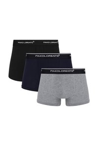 Męskie bokserki w kolorach czarnym, granatowym i szarym. Wykonane z bawełny o gładkiej fakturze. Każda para ma czarny pasek w talii z nazwą marki.