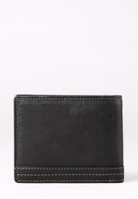 Black leather wallet with a textured finish, contrasting stitching, and a minimalist design. Features a smooth exterior and rectangular shape.