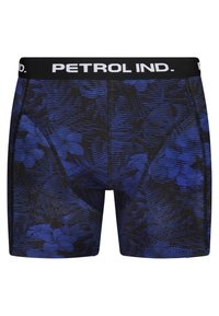 Mörkblå och svarta mönstrade herrboxershorts med en åtsittande design. Har ett svart elastiskt midjeband med "PETROL IND." i vit text.