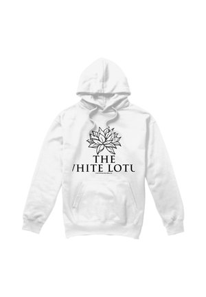 White hoodie with a black line drawing of a lotus flower and the text "THE WHITE LOTUS" centered on the front.