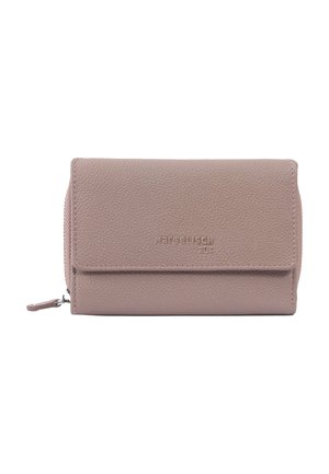 Light pink leather wallet with a textured finish, featuring a flap closure and a zipper compartment, embossed branding on the front.
