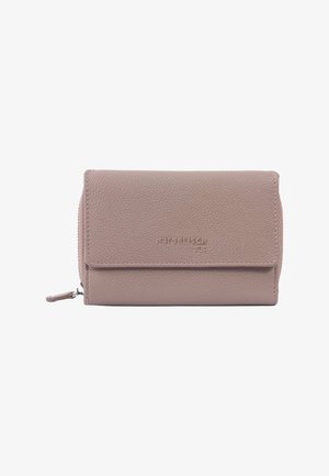 Light pink leather wallet with a textured finish, featuring a flap closure and a zipper compartment, embossed branding on the front.