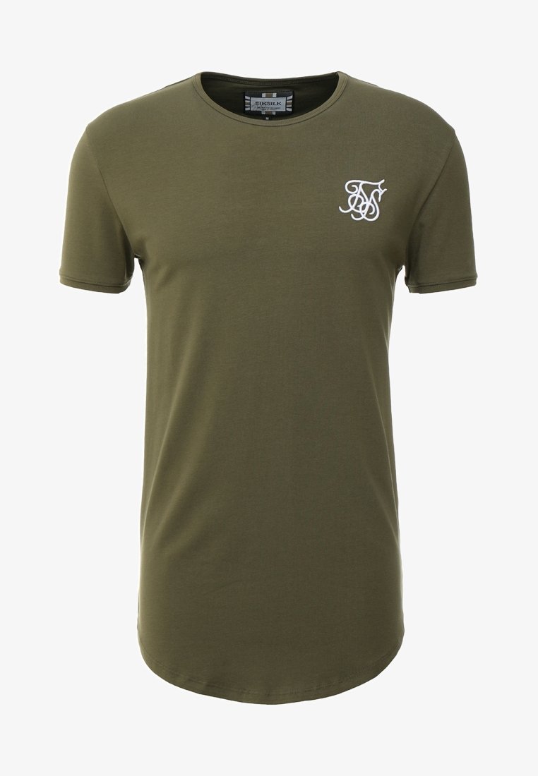 T-shirt verde oliva a maniche corte con collo rotondo e piccolo logo ricamato bianco sul lato sinistro del petto.