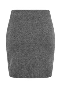 Grå strikket nederdel med en tætsiddende design, ribbet talje og blød tekstur. Materialet ser varmt og strækbart ud for komfort og pasform.