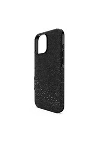 Coque de téléphone noire avec une surface texturée, arborant une finition à motifs et des découpes pour l'appareil photo et les boutons. Bords lisses et construction solide.