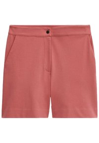 Roze shorts gemaakt van een gladde stof met een vlakke voorkant, twee zijzakken, een enkele knoopsluiting bij de taille en een rechte snit.