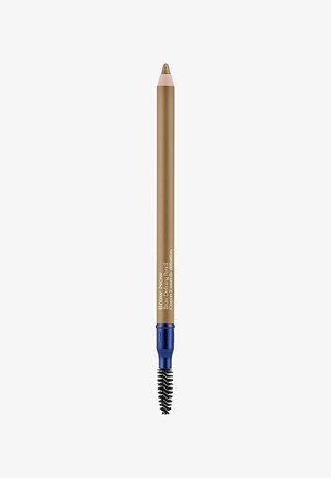 Crayon à sourcils avec un corps marron, une pointe fine pour l'application, et une brosse spoolie noire avec une base bleue à l'extrémité opposée.