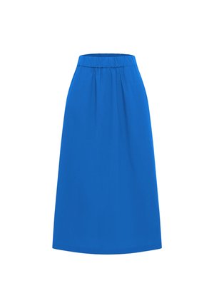 Blaue Midirock mit gesammeltem elastischem Bund und glatter A-Linien-Silhouette vor weißem Hintergrund.