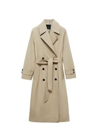 Beige trenchcoat met een ceintuur in de taille, dubbele knopen sluiting en brede revers. Voorzien van twee zijzakken en lange mouwen.
